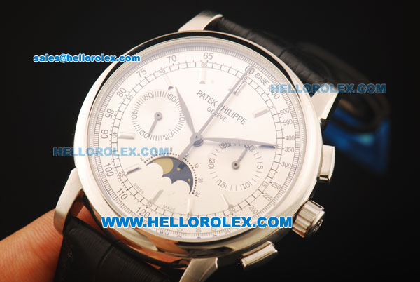 Patek Philippe Moonphase Chronograph Swiss Valjoux 7750 Manual Winding Movement Steel Case with Stick Markers and Black Leather Strap - Click Image to Close